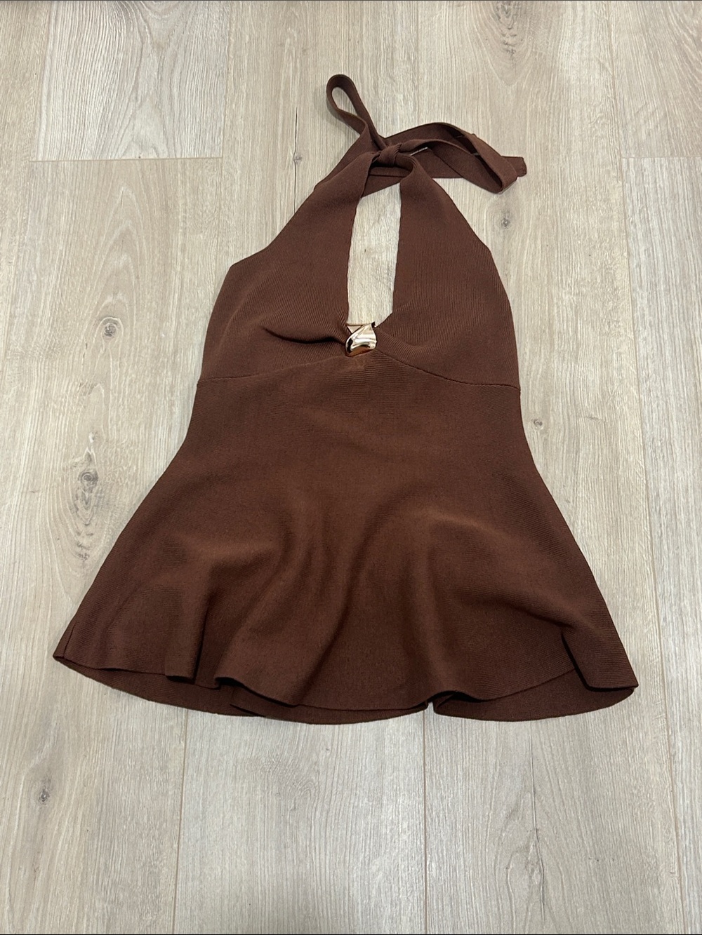 Brown Halter Peplum Camisole with Decorative Ring